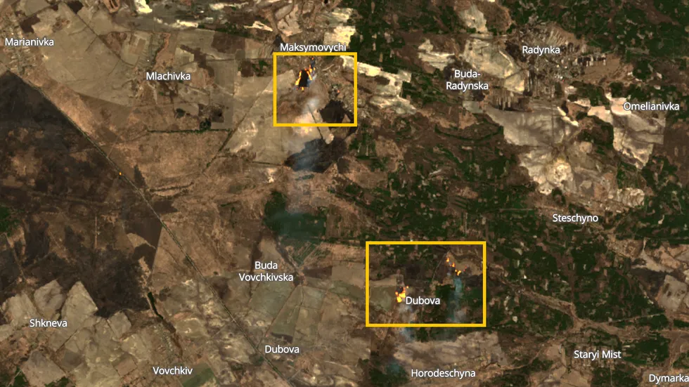The yellow squares outline where two forest and field fires are burning, about 25 miles from the defunct Chernobyl nuclear power plant. Other blazes closer to the plant have been extinguished (Image: Brian Kahn/Protocol/Sentinel Hub)
